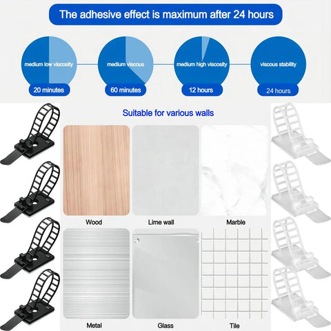 Chart showing adhesive strength over time and surfaces compatible with Adjustable Adhesive Cable Management Clips 50Pcs