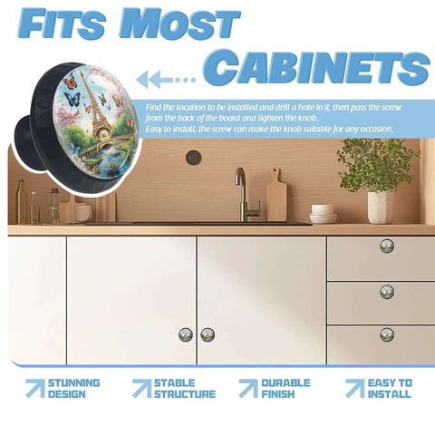 Crystal Cabinet Knobs With Eiffel Tower And Butterfly Design on kitchen drawers and cabinets, durable hardware.
