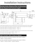 Installation instructions for heavy duty 12V linear actuator, showing stroke calculations and measurements, IP54 waterproof design.