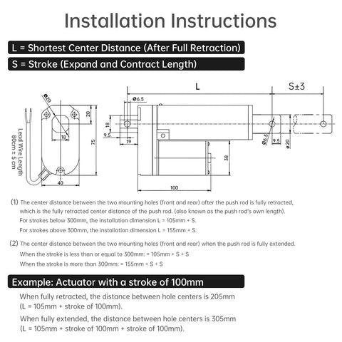 Installation instructions for heavy duty 12V linear actuator, showing stroke calculations and measurements, IP54 waterproof design.