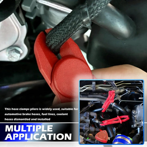 Close-up of red Three Size Hose Pinch Off Pliers Set For Fuel Brake And Radiator Hoses With Non Slip Grip clamping a hose