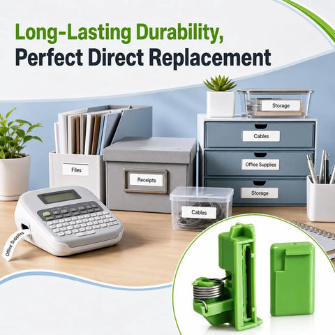 Genuine Cutter Head Replacement For Brother Pt-E100, Pt-D200, Pt-D210 Label Makers in office setting for easy labeling.