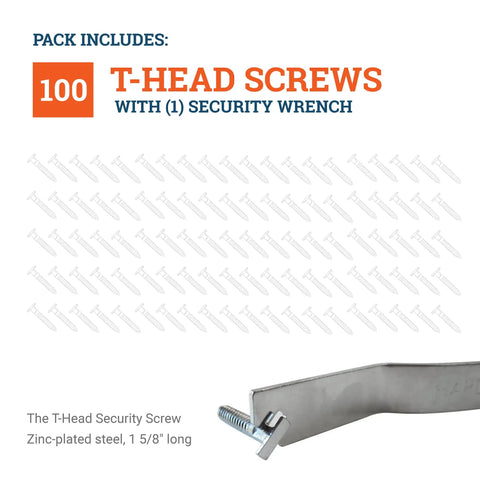 100 Pack T-Screw Security Hanging Kit With Wrench For Art And Frames, showing T-head screws and security wrench detail.