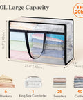 Roomy Clear Storage Sacks, Heavy Duty 60L Zippered Packing Bags For Seasonal Clothes And Bedding, clear large capacity bag with blankets and shirts.