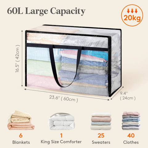 Roomy Clear Storage Sacks, Heavy Duty 60L Zippered Packing Bags For Seasonal Clothes And Bedding, clear large capacity bag with blankets and shirts.
