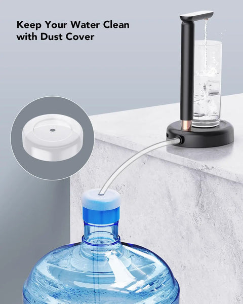 Adjustable Desktop Water Pump For 5 Gallon Bottles, Portable Type C Charging Dispenser with dust cover and silicone hose, black.