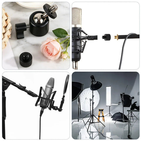 Flexible Ball And Socket Head Microphone Adapter Kit With Four Adapters, showing adapter on marble surface with a rose