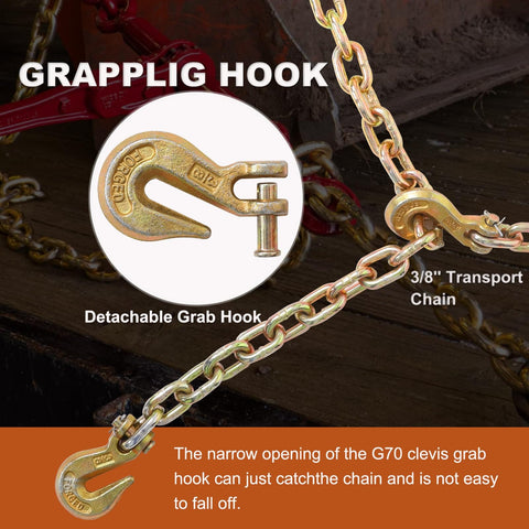 Heavy Duty 3/8 Inch 20 Foot G70 Transport Binder Chain With Clevis Grab Hooks For Towing Logging And Tie Down Binding
