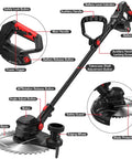 Diagram of 21V Cordless Weed Wacker And Lawn Edger Do It All 4 In 1 Garden System showing parts like handle, motor, and blade.