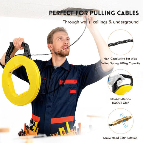 Heavy Duty 164 Foot Fiberglass Fish Tape Cable Puller Kit Featuring A Spring Drum Reel And Non Conductive Core That Routes Electrical Wire No Sweat Through Conduit in use overhead.