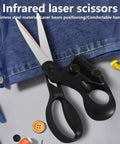 Front view of laser-guided sewing scissors with black ergonomic handle and silver blades.