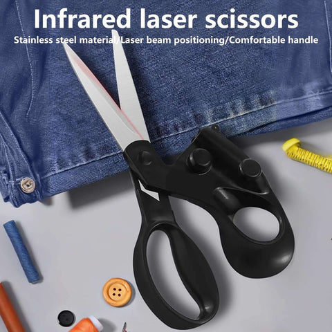 Front view of laser-guided sewing scissors with black ergonomic handle and silver blades.