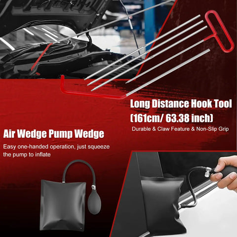 132 Piece Car Tool Kit With Drawer Portable Auto Repair Set showing hook tools and air wedge pump for vehicle maintenance.