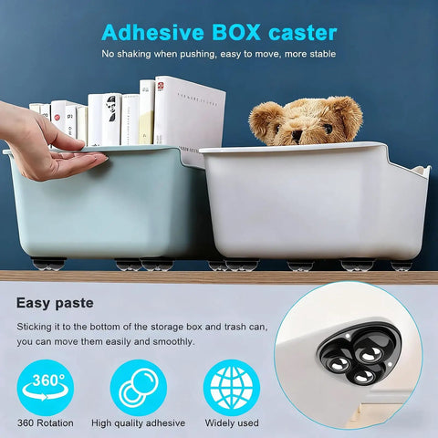 Glide Easy Appliance Mover Set With No Sweat Self Adhesive Mounts And Rock Solid 360 Swivel Casters For Kitchen Islands Coffee Bars And Couch Legs Eight Pack Black Finish in use under storage bins.