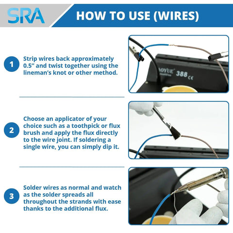 Instructions on using Rosin Paste Soldering Flux For Electronics No Clean Lead And Lead Free Solder Flux on wires with images.
