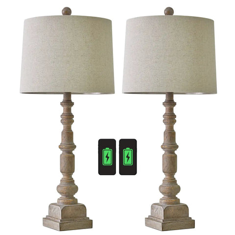 Vintage Farmhouse USB Table Lamps Set Of 2, 27.75 Inch Resin Bedside Nightstand Lamps With Dual USB Ports And Rotary Switch, Dope Vintage Vibe For Living Room And Bedroom Decor
