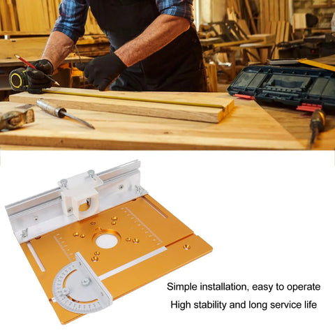 Front view of orange aluminum router table insert plate with measurement scales, central hole, and mounting bracket.