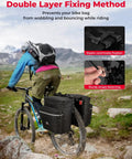 Cyclist using 34L Waterproof Bike Pannier Bag With Rain Cover For Rear Rack All Weather Ready Heavy Duty Saddle Bags for stability