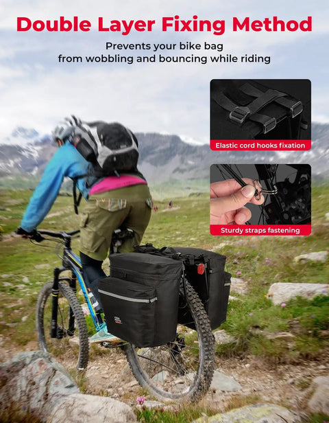 Cyclist using 34L Waterproof Bike Pannier Bag With Rain Cover For Rear Rack All Weather Ready Heavy Duty Saddle Bags for stability