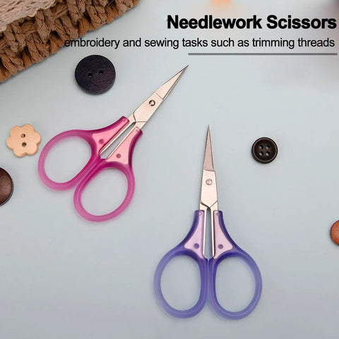 Tiny Travel Scissors 3 Inch TSA Compliant With Sheath Ultra Sharp All Purpose Small Craft Scissors For Detail Work shown with buttons