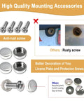 Stainless Steel License Plate Frame And Cover Kit With Clear Flat Shield For Front And Rear Tough As Nails Protection Chrome Screw Caps Included 2 Sets Sleek Durable Tag Holder For Cars, showing anti-rust screws and chrome caps.
