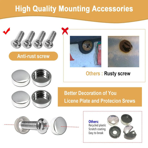 Stainless Steel License Plate Frame And Cover Kit With Clear Flat Shield For Front And Rear Tough As Nails Protection Chrome Screw Caps Included 2 Sets Sleek Durable Tag Holder For Cars, showing anti-rust screws and chrome caps.