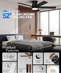 52 Inch Black Ceiling Fan With Lights, Flush Mount Hugger Design, Remote, 6 Speeds, Bedroom Installation
