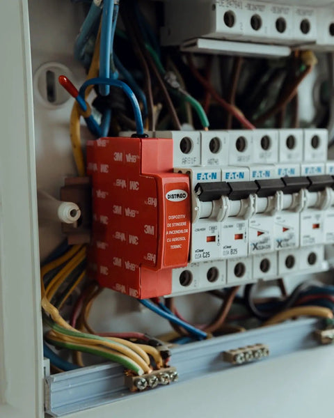 Auto Trigger Aerosol Fire Suppressor for Electrical Cabinets and Control Panels Zero Wiring Required inside a control panel with wires.