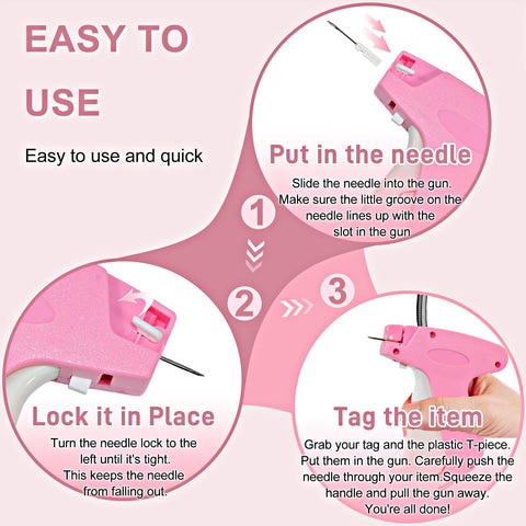 Easy Peasy Ergonomic Stitch Gun For Swift Clothing Patches And Soft Fabric Fix Ups With Two Thousand Micro Staples Plus Spare Tips In Cool Berry Pink Color showing how to use the needle.