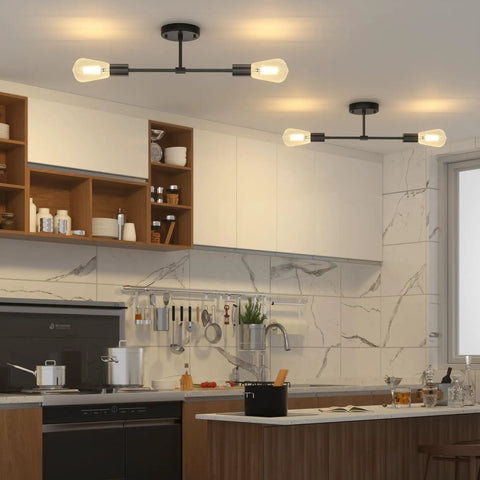 Modern Black Two Light Bathroom Vanity Sconce And Semi Flush Ceiling Fixture Delivering That Sick Hollywood Glam Glow Up For Your Favorite Mirror Setup Today in a kitchen setting.
