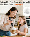 Woman frothing coffee with Rechargeable Handheld Milk Frother With 3 Speeds And 3 Stainless Whisks For Coffee, Matcha, Lattes