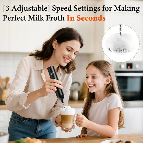 Woman frothing coffee with Rechargeable Handheld Milk Frother With 3 Speeds And 3 Stainless Whisks For Coffee, Matcha, Lattes