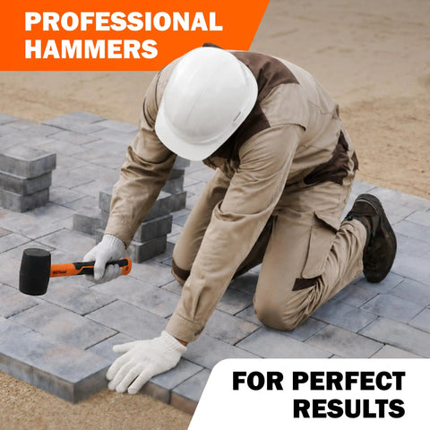 Worker using Two Pack Rubber Mallet Hammer Set With 16 Oz Soft Mallet And 33mm Double Faced Mallet Replaceable Heads for tile fitting