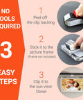 Sun Visor Clips Stainless Steel With 3M Adhesive For Custom Displays In Car, Home And Office Strong Hold 4 Pack Lets You Show Off Photos On Any Surface Frames Not Included, showing 3 easy steps for use.