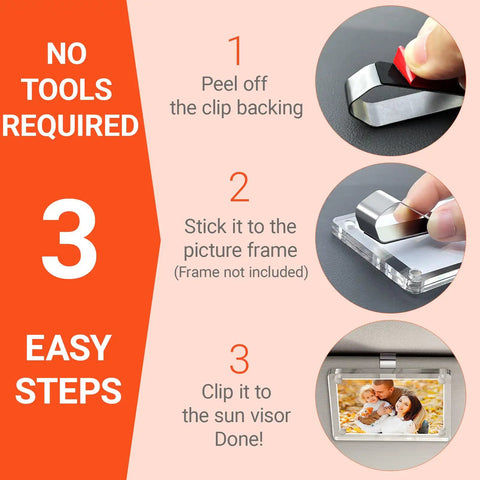 Sun Visor Clips Stainless Steel With 3M Adhesive For Custom Displays In Car, Home And Office Strong Hold 4 Pack Lets You Show Off Photos On Any Surface Frames Not Included, showing 3 easy steps for use.