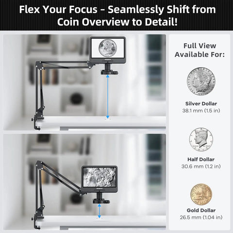 Boss Level Digital Microscope With 10.1 Inch Screen For Soldering Electronics Repair Coin Grading And DIY Micro Work 1080p Video 12MP Photos Wide View Fast Response, boom arm view