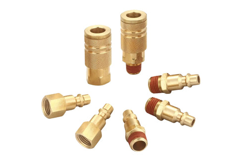 Industrial Type D 1/4 Inch NPT Brass Quick Connect Air Hose Fittings Kit, 7-Piece Coupler And Plug Set With Sealant