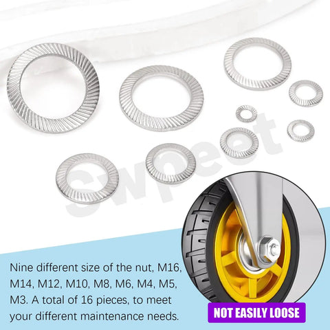 160 Piece 304 Stainless Steel Double Side Tooth Lock Washer Assortment Kit Metric M3 Through M16 Sizes featuring various shaped washers.
