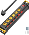 Six Outlet Heavy Duty Power Strip With Individual Switches 3300 Joules Surge Protection 15 Amp Circuit Breaker EMI Filter Built Tough For Home Office Garage Or Workshop, black metal
