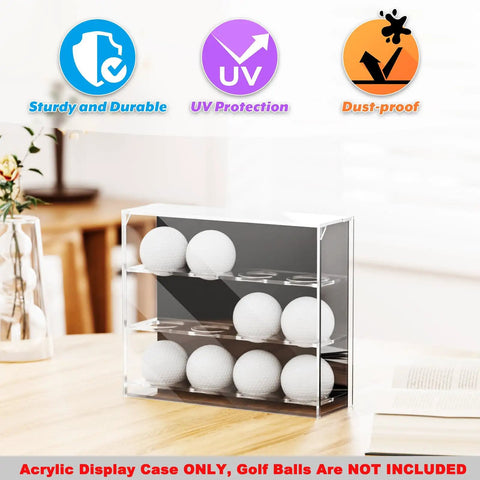 Wall Mount Acrylic Golf Ball Display Case With 3 Tiers Holds 12 Balls, Clear Showpiece on wooden table.
