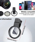52mm Clip-On Circular Polarizer Filter for iPhone and Android, showing size and compatibility with camera and smartphones