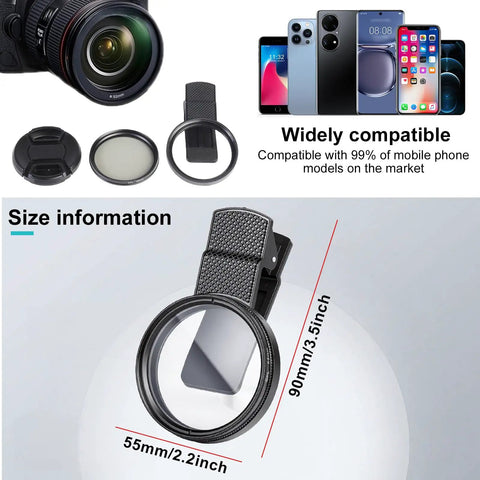 52mm Clip-On Circular Polarizer Filter for iPhone and Android, showing size and compatibility with camera and smartphones