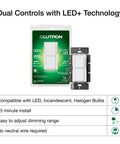 Maestro LED Plus Dual Dimmer And Switch Two In One Control packaging with dual controls visible, white finish.