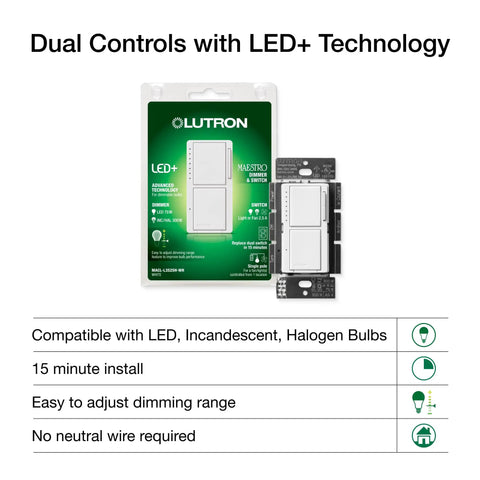 Maestro LED Plus Dual Dimmer And Switch Two In One Control packaging with dual controls visible, white finish.