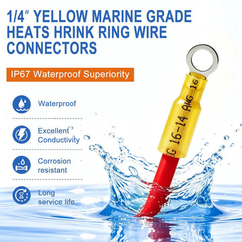 Badass Heavy Duty Heat Shrink Ring Terminals Waterproof Crimp Wire Connectors Quarter Inch Copper Lugs Awg 12 To 10 submerged in water.