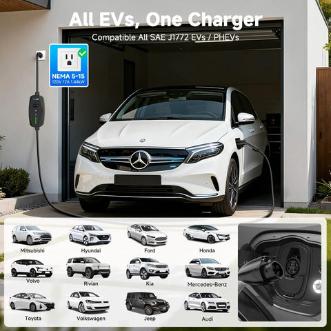 16 Amp Level 1 And Level 2 EV Charger With 110-240V Input connected to car in garage, showcasing compatibility with various EVs.