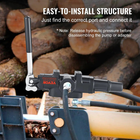 1 Spool Hydraulic Log Splitter Valve With 25 GPM Flow And 3626 PSI, joystick control valve in front of stacked logs