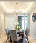 Gold Crystal Chandelier Pendant Light D22 With Six Lights in elegant dining room setting with adjustable chain fixture.