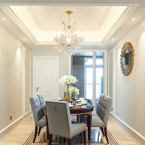 Gold Crystal Chandelier Pendant Light D22 With Six Lights in elegant dining room setting with adjustable chain fixture.