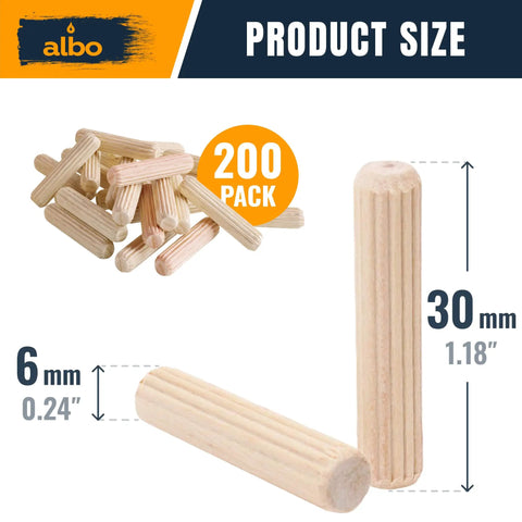 Fluted Birch Hardwood Dowel Pins 6mm By 30mm And Quarter Inch By One Point One Eight Inch 200 Pack Bulk Craft Dowels